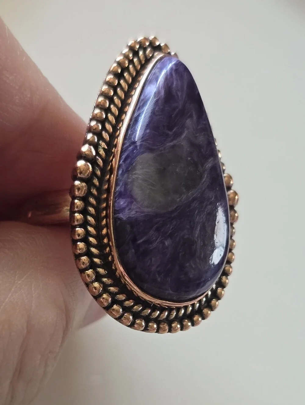 Almond Shaped Charoite Ring In Copper, Southwestern